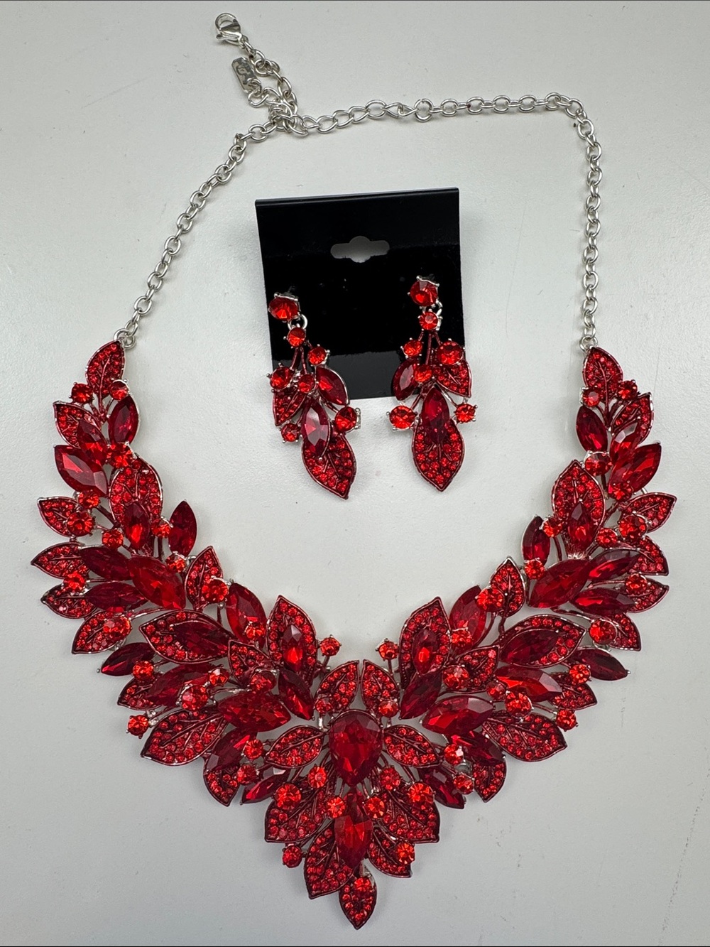 Red Crystal Statement Necklace and Earring Set